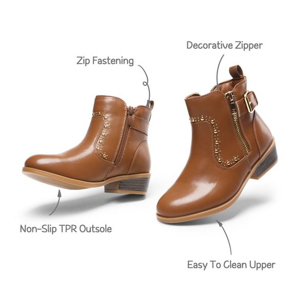 Girls Low Heel Zipper Ankle Boots - CAMEL - 4